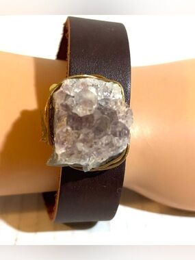 Leather Cuff Bracelet with Amethyst Druzy Accent - Purple